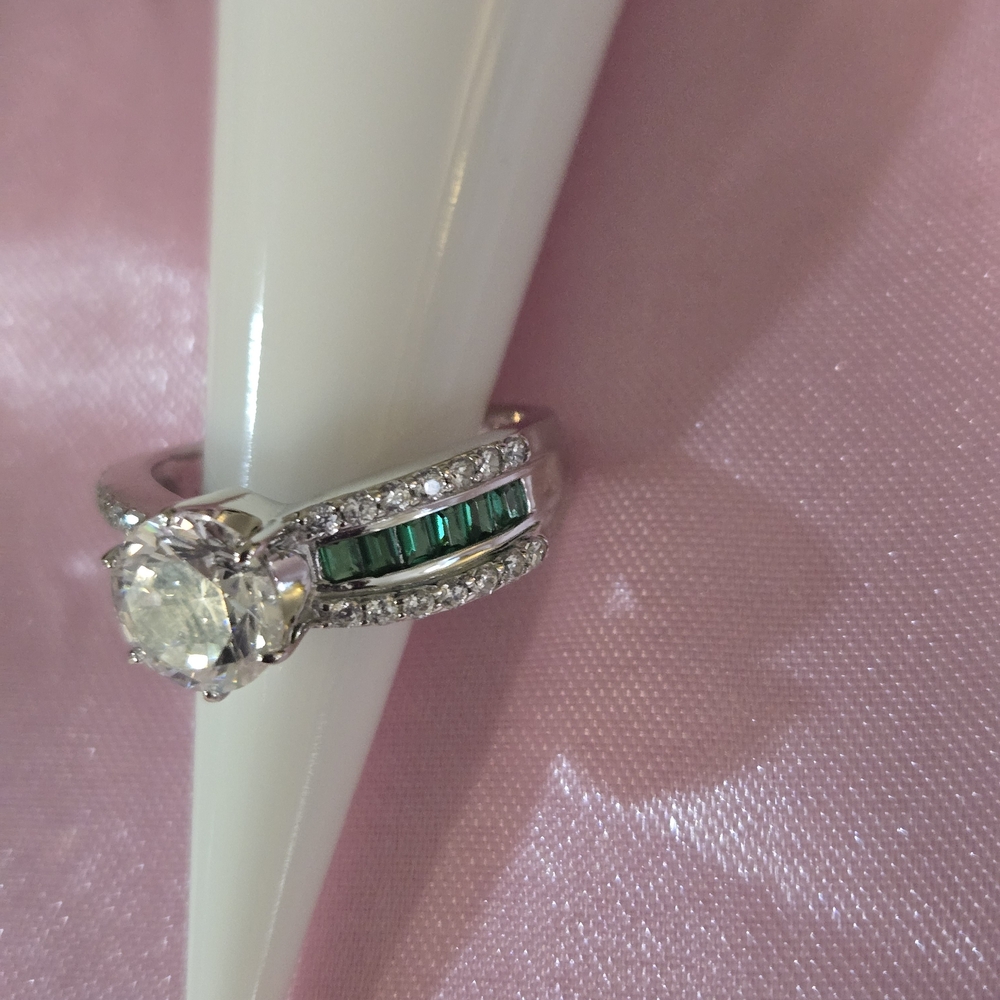 Emerald Accent Solitaire Engagement Ring - Green … - image 2